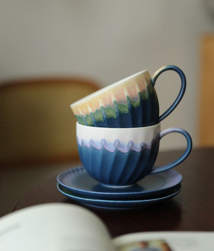 Spiral Gradient – Handcrafted Kiln-Change Ceramic Coffee Cup & Saucer