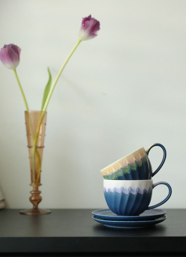 Spiral Gradient – Handcrafted Kiln-Change Ceramic Coffee Cup & Saucer