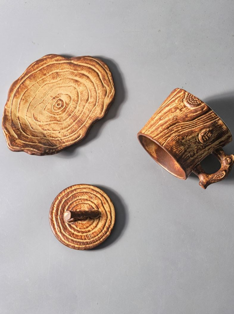 Timber Echoes – Handcrafted Tree-Trunk Porcelain Coffee Mug & Saucer Set