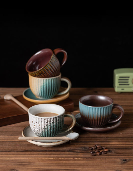 Rustic Glaze Echo – Handcrafted Porcelain Coffee Cup, Saucer & Spoon Set