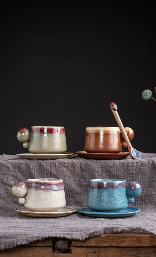Orb-Handled Harmony – Handcrafted Kiln-Change Porcelain Coffee Cup & Saucer Set