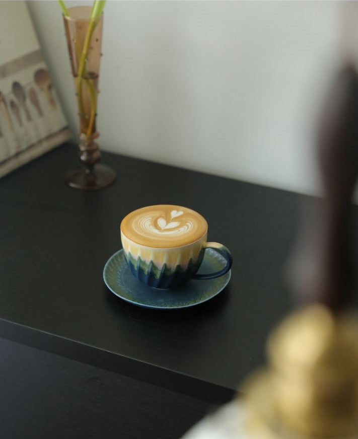 Spiral Gradient – Handcrafted Kiln-Change Ceramic Coffee Cup & Saucer