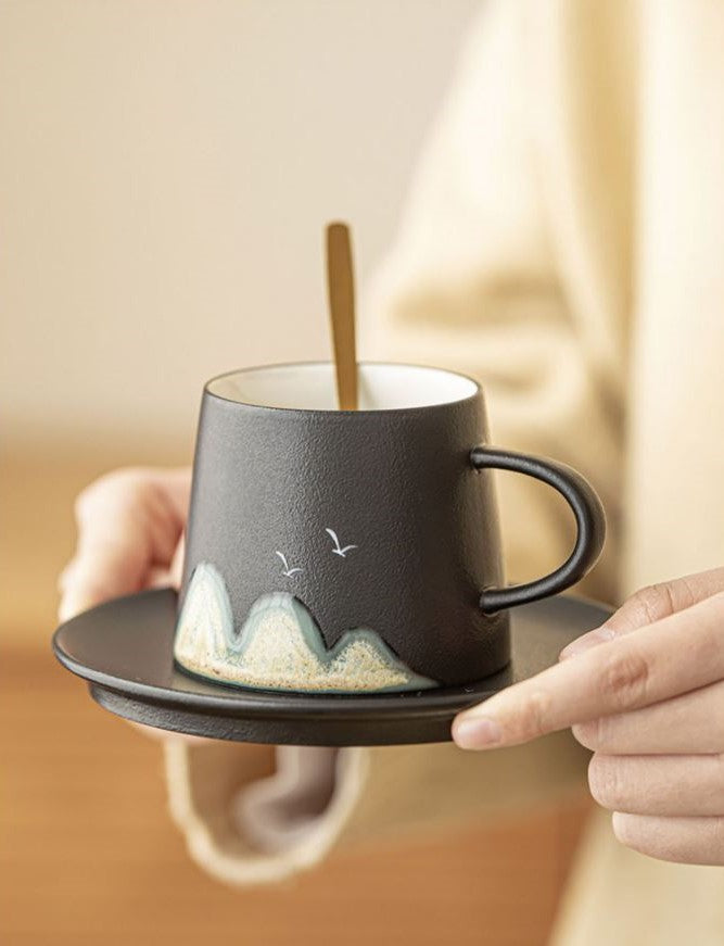 Mountain Whisper – Porcelain Coffee Cup & Saucer with Spoon