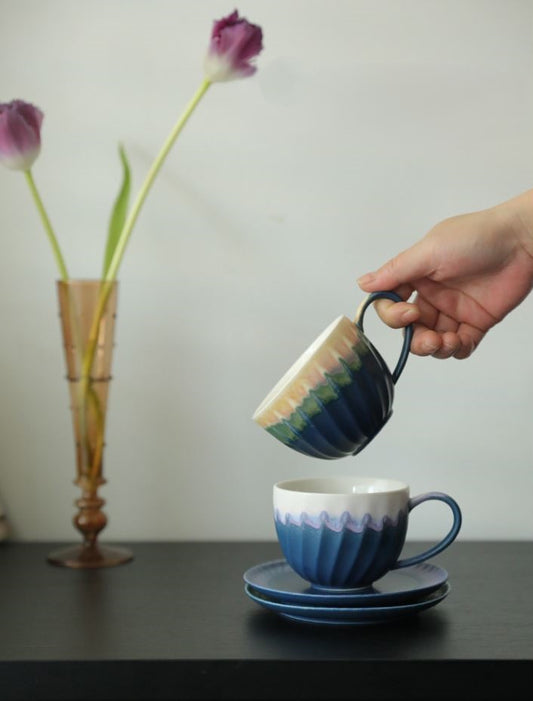 Spiral Gradient – Handcrafted Kiln-Change Ceramic Coffee Cup & Saucer
