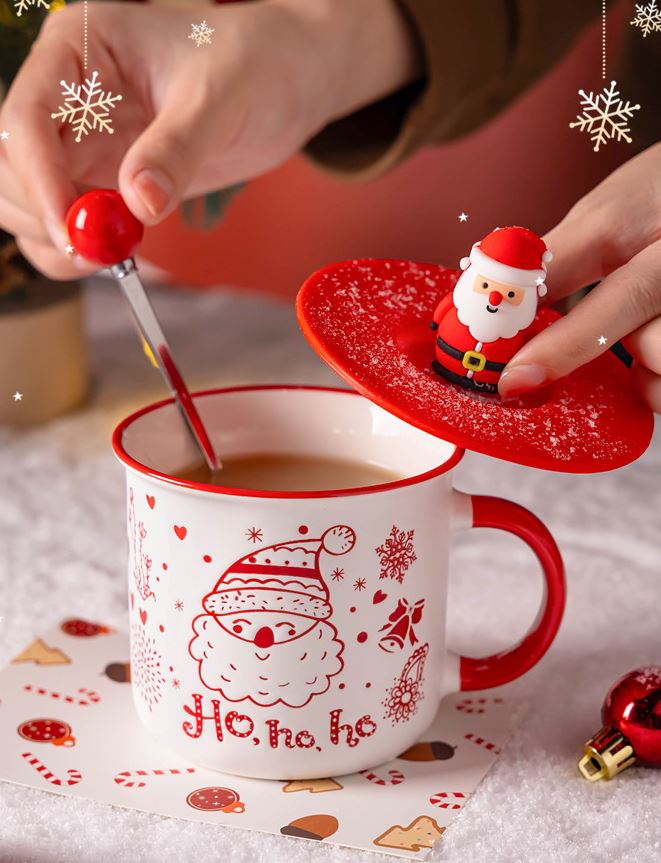 Merry Cheer Collection – Handcrafted Ceramic Christmas Mug with Lid & Spoon Gift Set