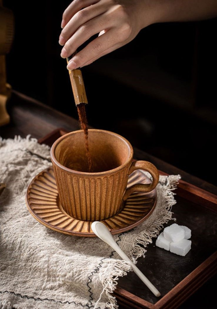 Rustic Stripe – Handcrafted Porcelain Coffee Cup & Saucer Set