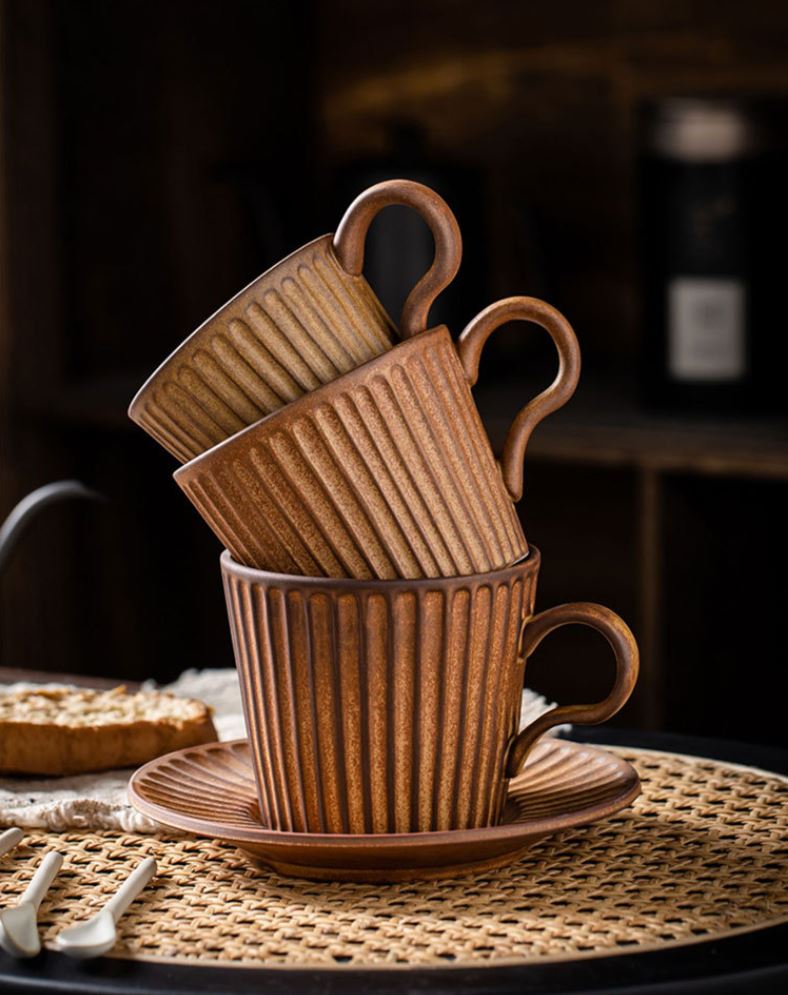 Rustic Stripe – Handcrafted Porcelain Coffee Cup & Saucer Set