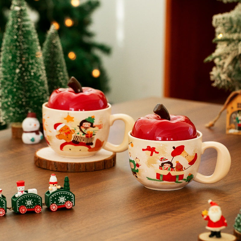 Festive Apple Charm – Handcrafted Christmas Ceramic Mug with Lid Gift Cup
