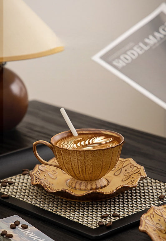 Rustic Petal Harmony – Handcrafted Porcelain Coffee Cup & Saucer Set