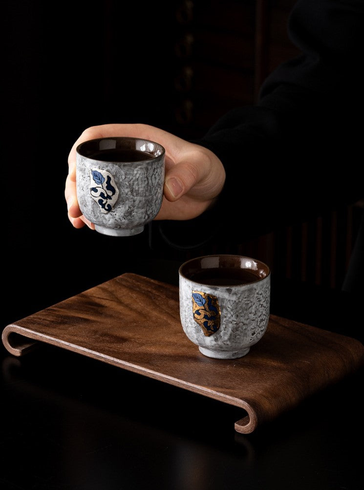 Gold And Silver Floral Emblems Ceramic Tea Cup Duo with Wooden Tray