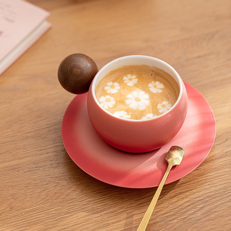 Orb Harmony – Handcrafted Ceramic Coffee Cup with Wooden Handle & Saucer