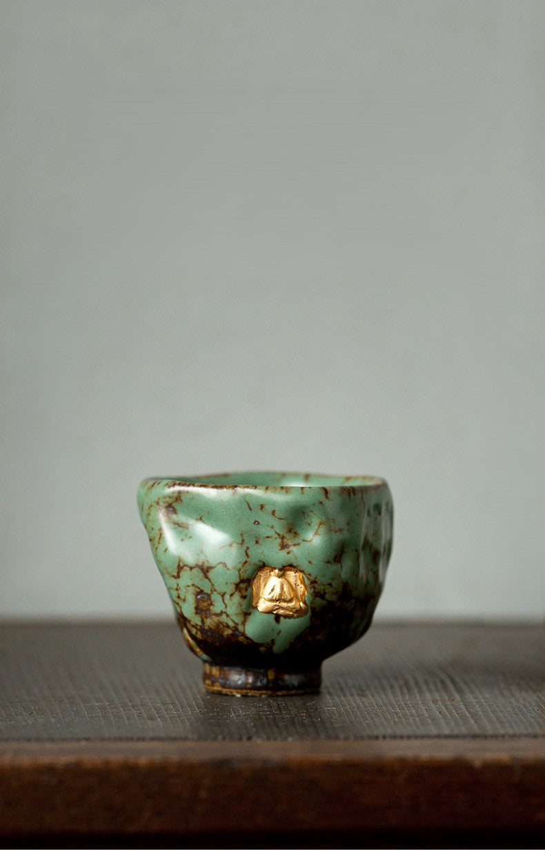 Echoes of Dunhuang — Handmade Qing Moss Rock Glaze Teacup & Teapot Set