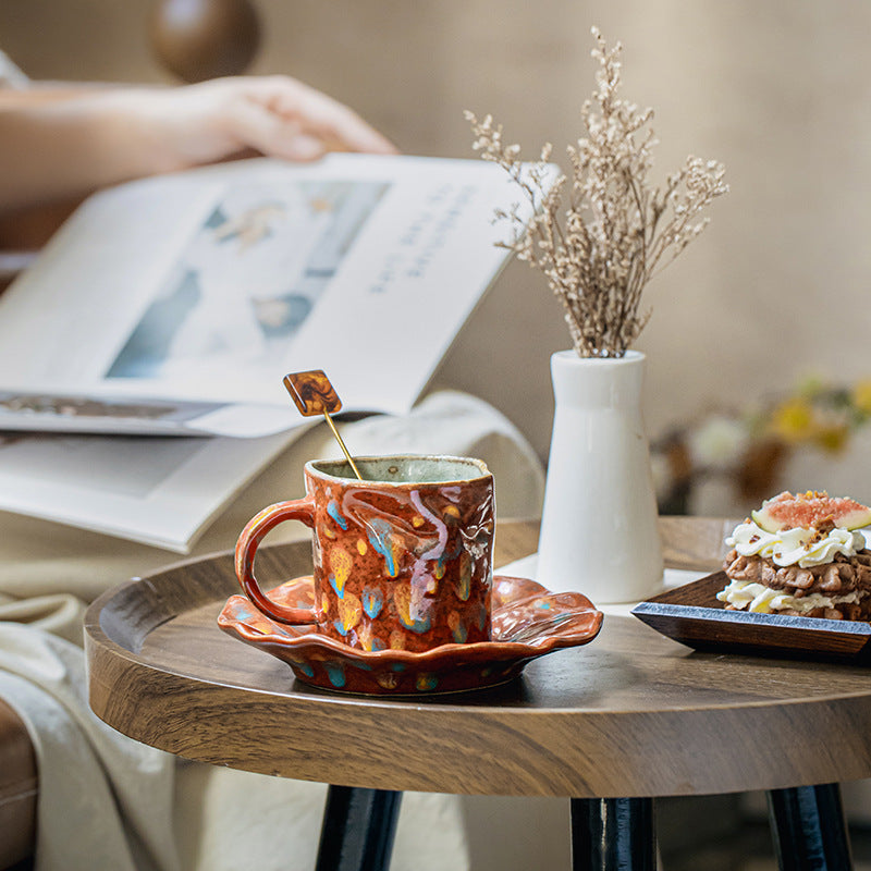 Crimson Bloom – Handcrafted Rustic Ceramic Coffee Cup & Saucer Set