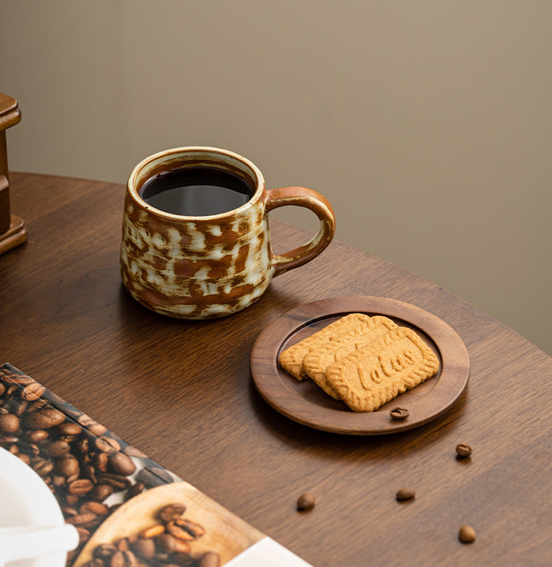 Rustic Ember – Handcrafted Ceramic Coffee Cup with Wooden Saucer