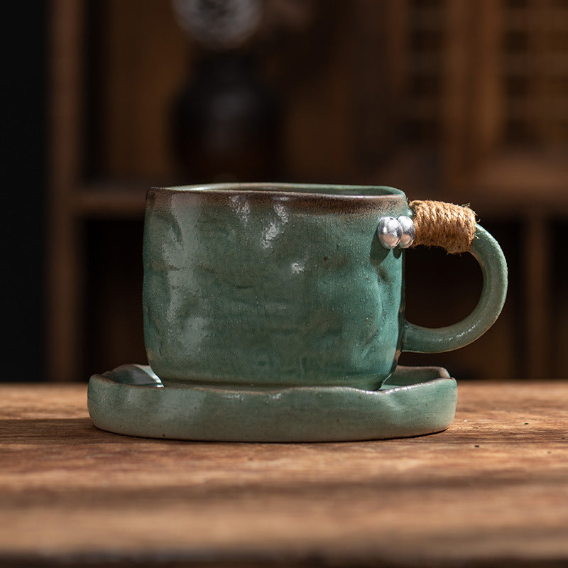 Earthbound Elegance – Wabi-Sabi Rope Handle Porcelain Coffee Cup & Saucer Set