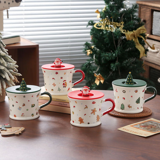 Holiday Cheer Charm – Handcrafted Christmas Ceramic Mug with Lid & Spoon Gift Cup