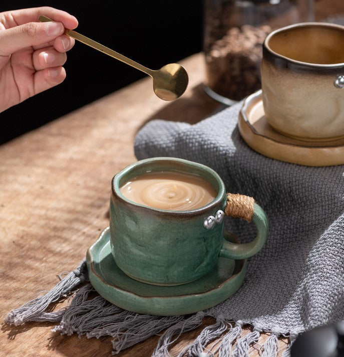 Earthbound Elegance – Wabi-Sabi Rope Handle Porcelain Coffee Cup & Saucer Set