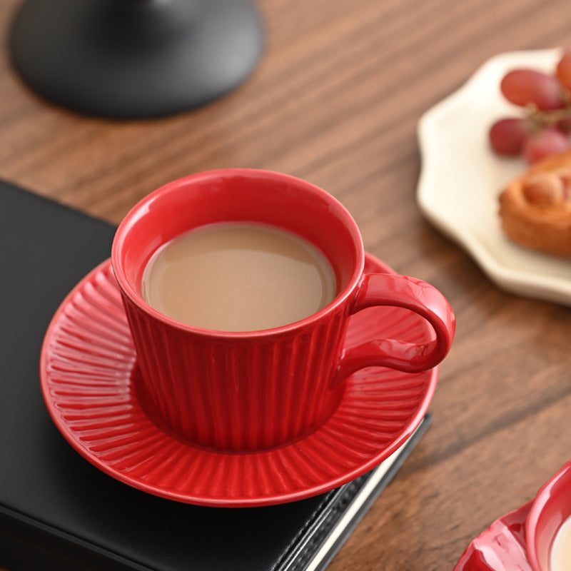 Ripple Glow – Vintage Red Ceramic Coffee Cup & Saucer Set