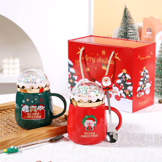 Snowglobe Magic – Handcrafted Christmas Ceramic Mug with Lid & Spoon Gift Set