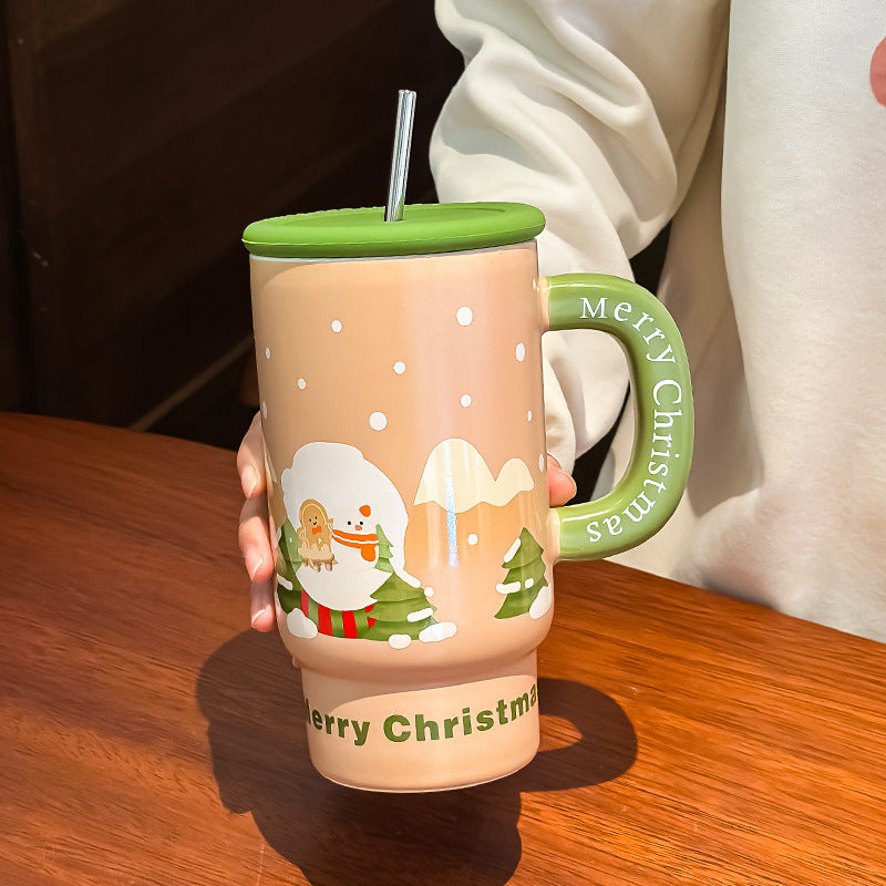Holiday Hug – Large Christmas Ceramic Mug with Lid & Straw Gift Cup