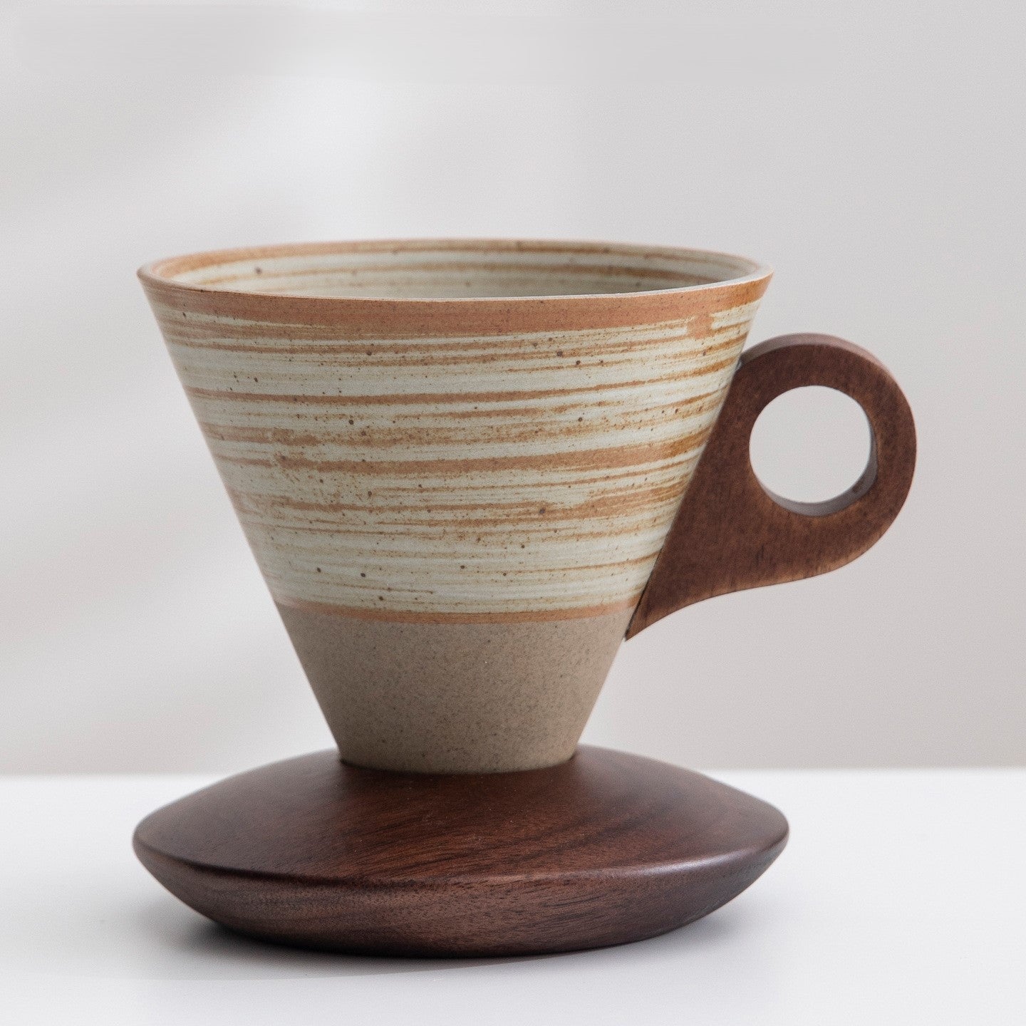 Funnel Balance – Handcrafted Rustic Ceramic Coffee Cup with Wooden Saucer