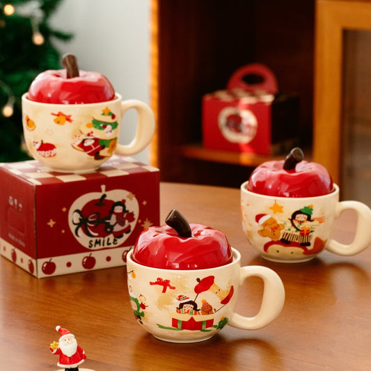 Festive Apple Charm – Handcrafted Christmas Ceramic Mug with Lid Gift Cup