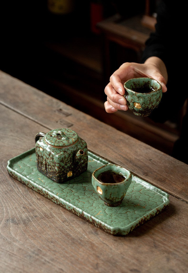 Echoes of Dunhuang — Handmade Qing Moss Rock Glaze Teacup & Teapot Set