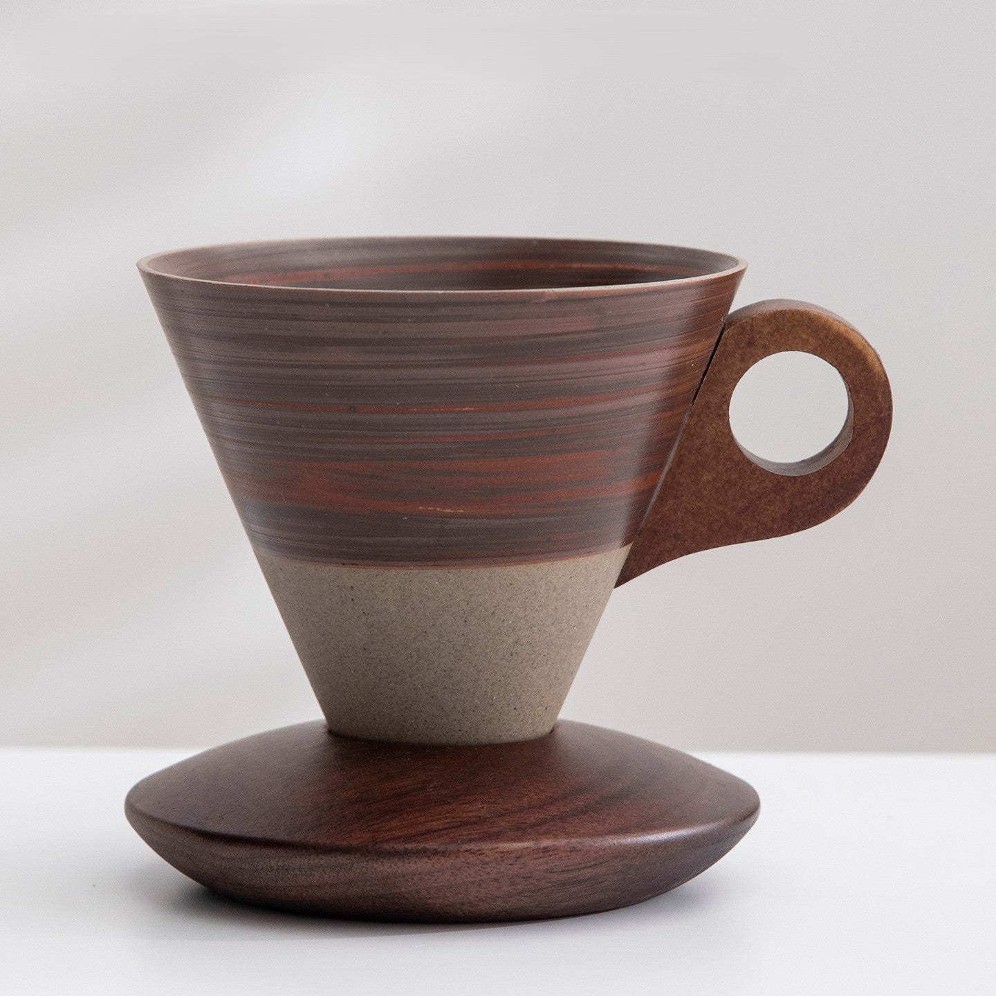 Funnel Balance – Handcrafted Rustic Ceramic Coffee Cup with Wooden Saucer