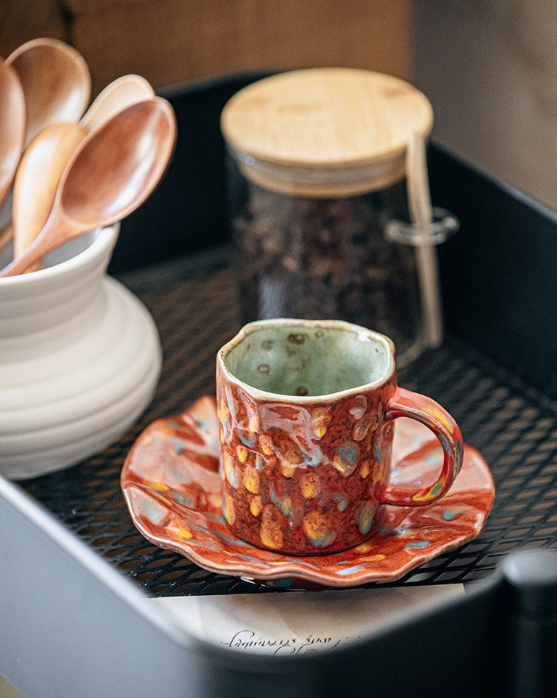 Crimson Bloom – Handcrafted Rustic Ceramic Coffee Cup & Saucer Set