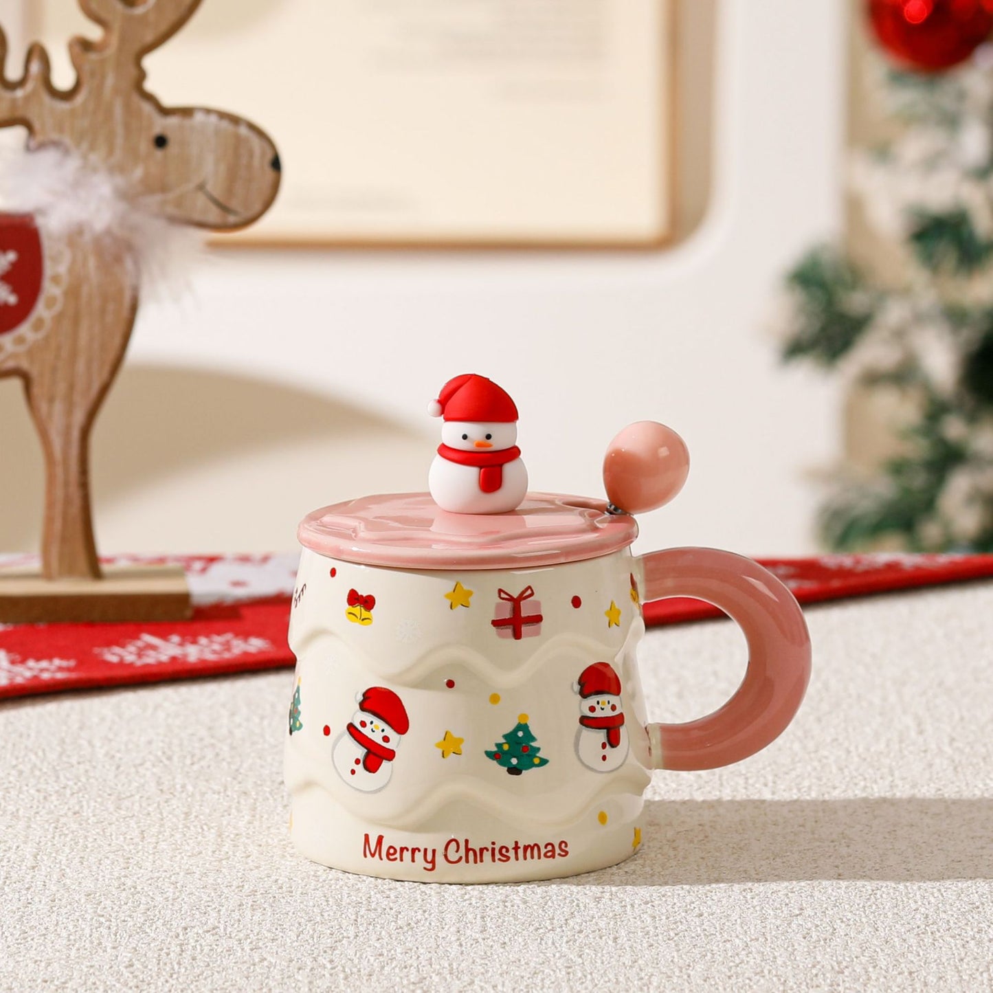 Merry Whimsy – Handcrafted Christmas Ceramic Mug with Lid & Spoon