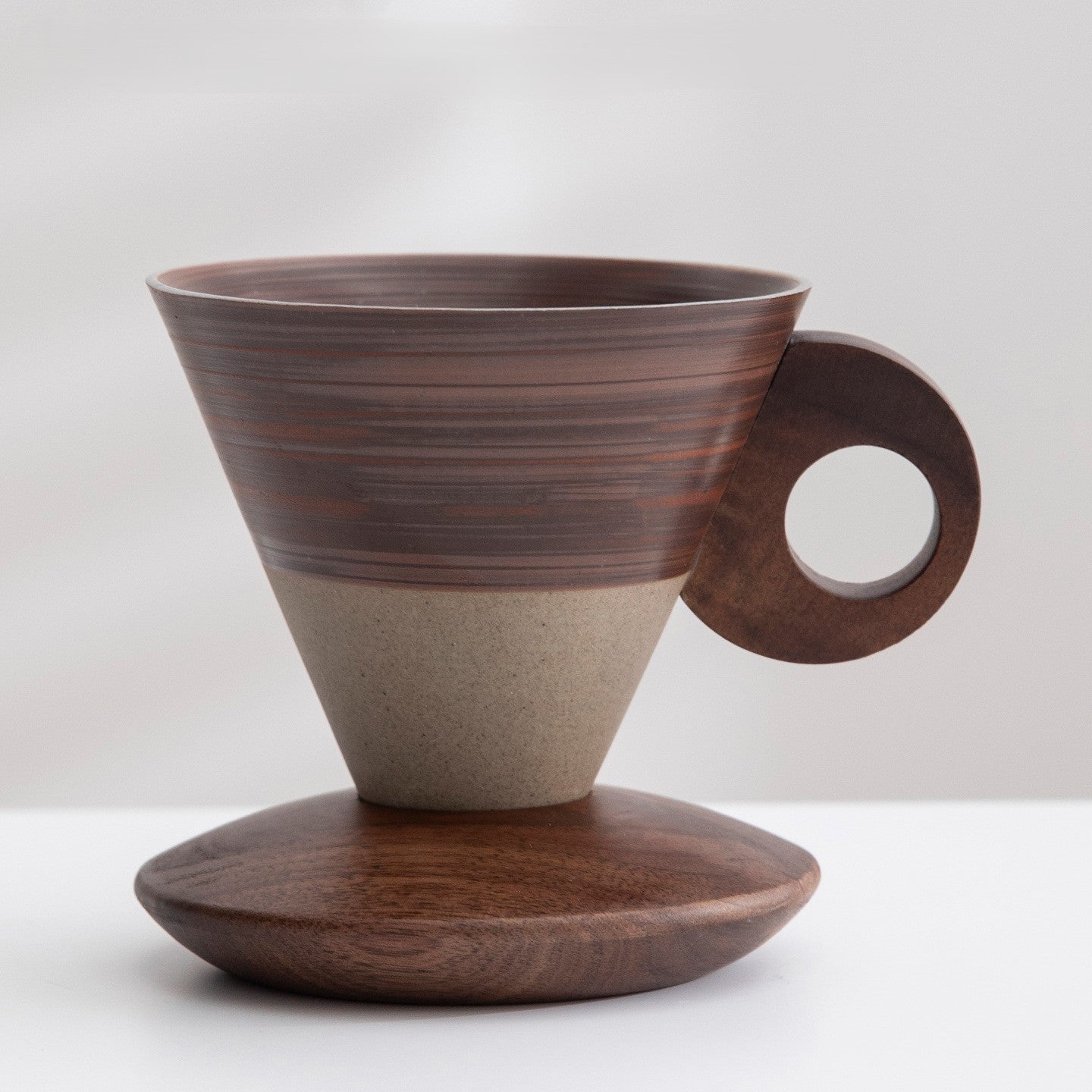 Funnel Balance – Handcrafted Rustic Ceramic Coffee Cup with Wooden Saucer