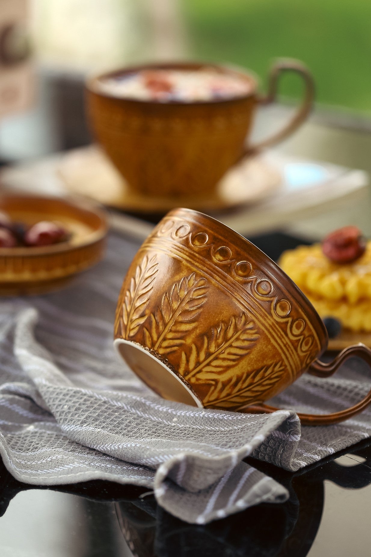 Golden Relief Elegance – Handcrafted Ceramic Coffee Mug & Saucer Set