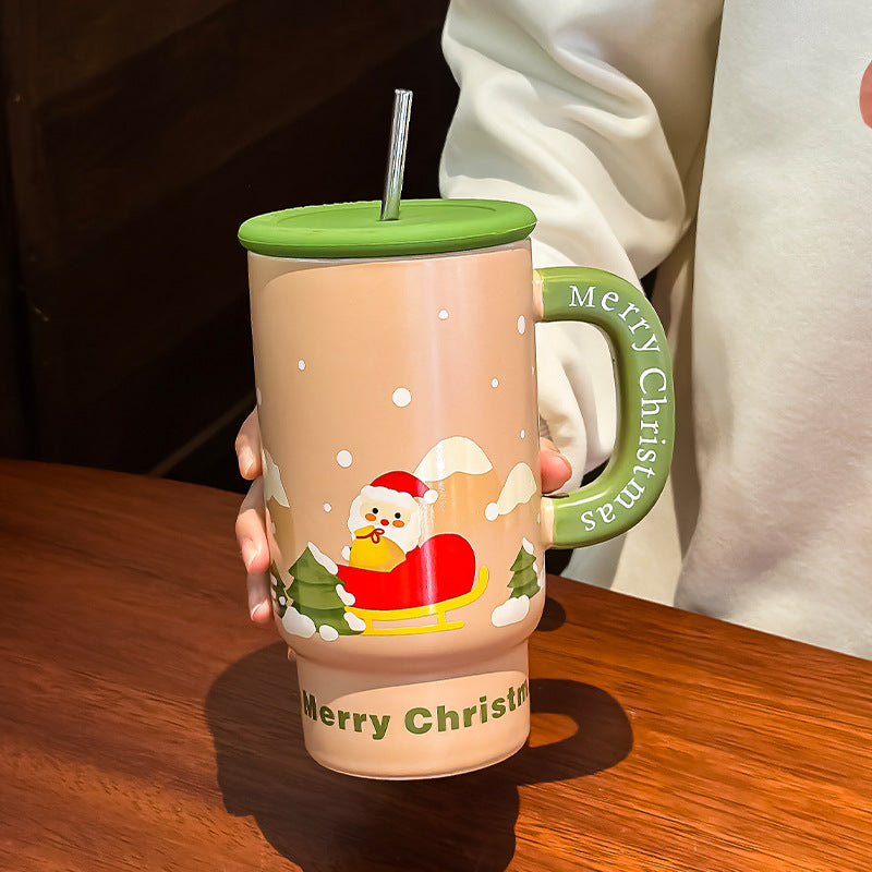 Holiday Hug – Large Christmas Ceramic Mug with Lid & Straw Gift Cup