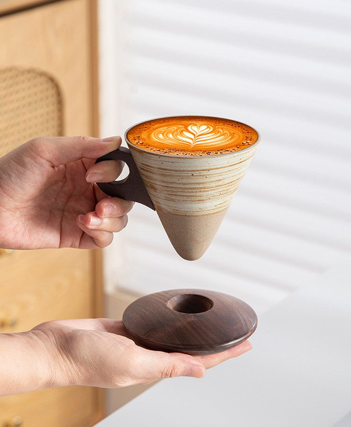 Funnel Balance – Handcrafted Rustic Ceramic Coffee Cup with Wooden Saucer