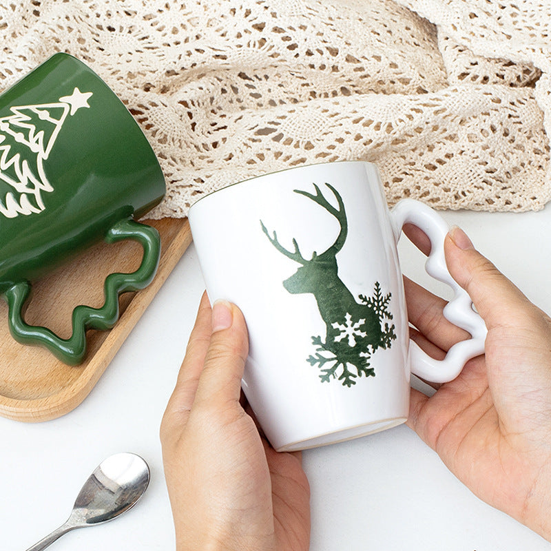 Nordic Charm – Handcrafted Christmas Ceramic Mug with Tree Handle Gift Cup
