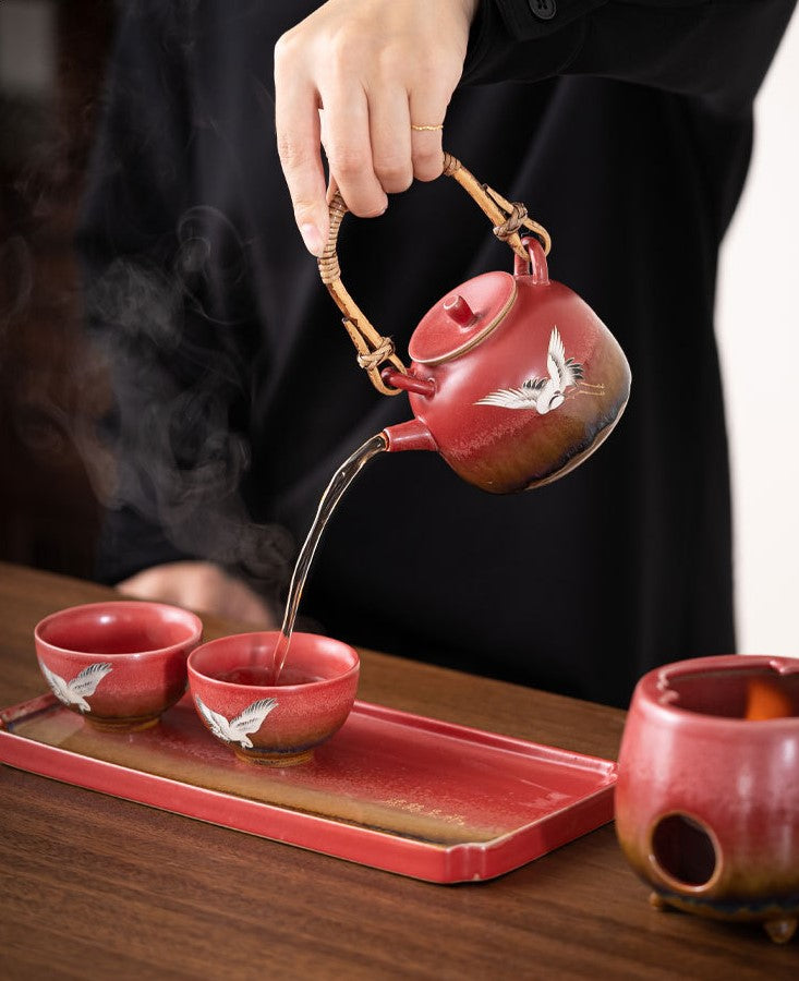 Forbidden City Red “Celestial Crane” Teapot Set — Five-Piece Auspicious Tea Ceremony Gift Collection