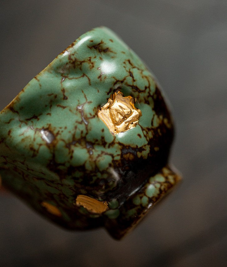 Echoes of Dunhuang — Handmade Qing Moss Rock Glaze Teacup & Teapot Set