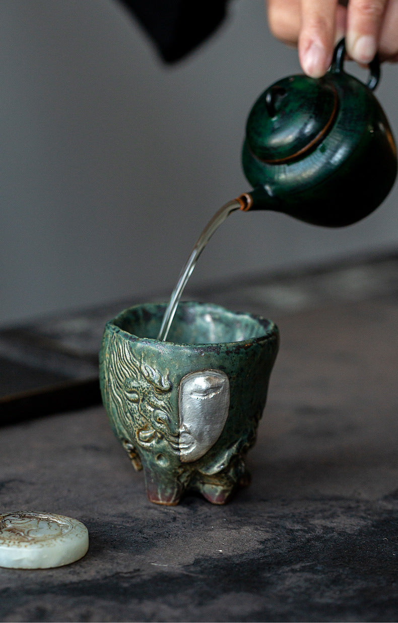 Zen Face – Handcrafted Ceramic Tea Cup with Silver Relief Gift Set