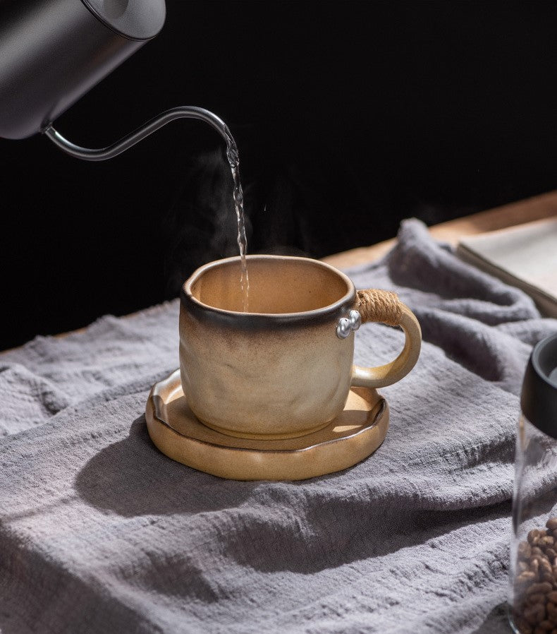 Earthbound Elegance – Wabi-Sabi Rope Handle Porcelain Coffee Cup & Saucer Set