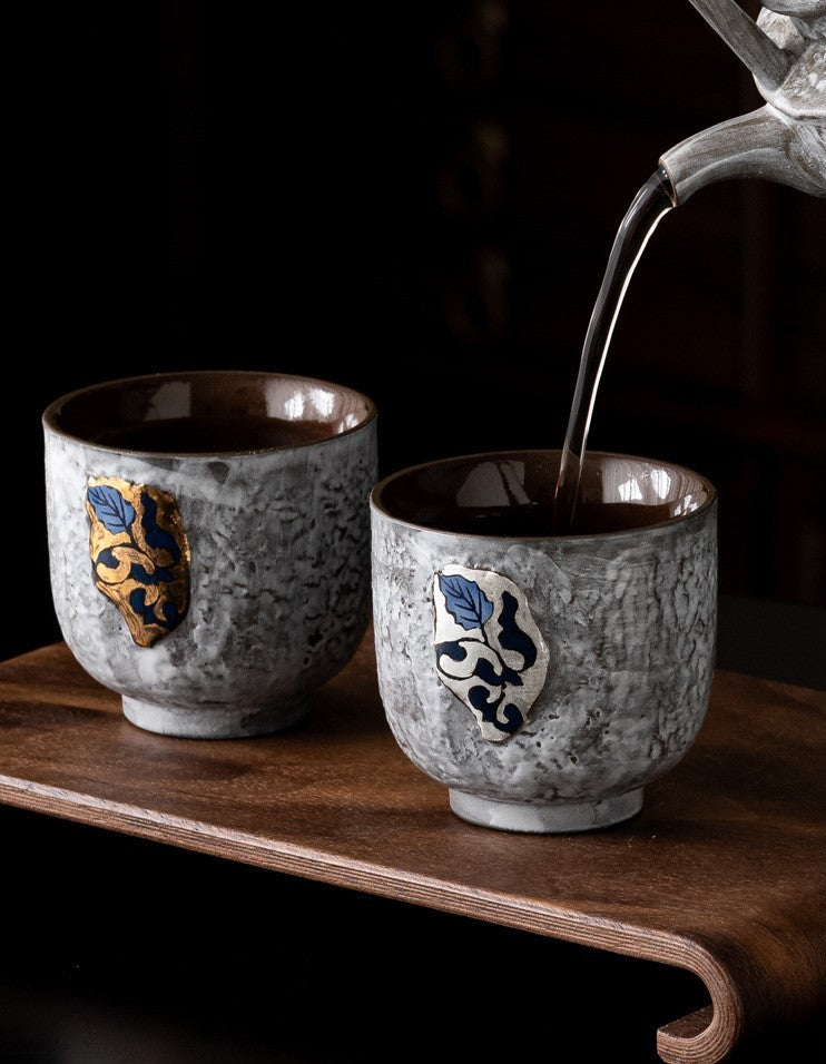 Gold And Silver Floral Emblems Ceramic Tea Cup Duo with Wooden Tray
