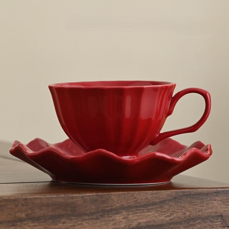 Ripple Glow – Vintage Red Ceramic Coffee Cup & Saucer Set