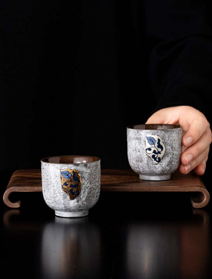 Gold And Silver Floral Emblems Ceramic Tea Cup Duo with Wooden Tray