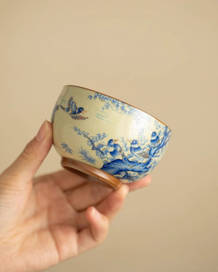Joy Rising – Handcrafted Porcelain Tea Cup with Magpie & Plum Motif