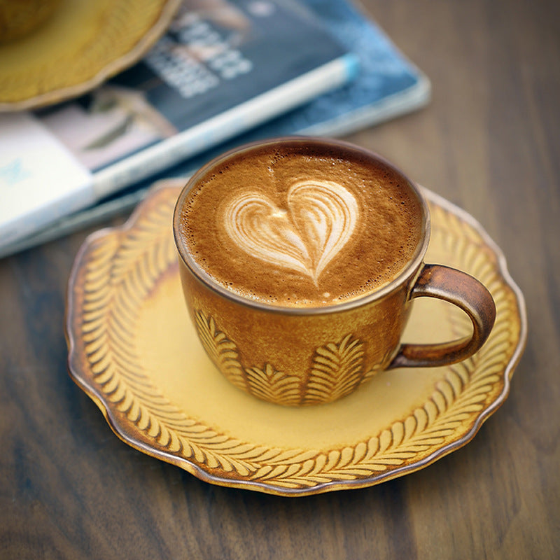 Golden Grain Elegance – Handcrafted Porcelain Coffee Cup & Saucer Set