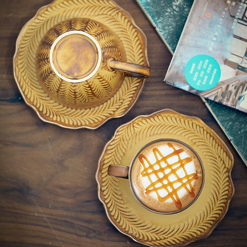 Golden Grain Elegance – Handcrafted Porcelain Coffee Cup & Saucer Set