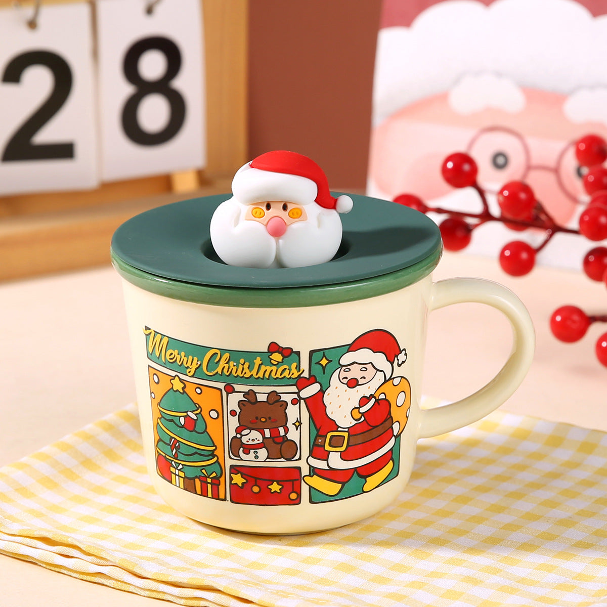 Santa Joy – Handcrafted Christmas Ceramic Mug with Lid & Spoon