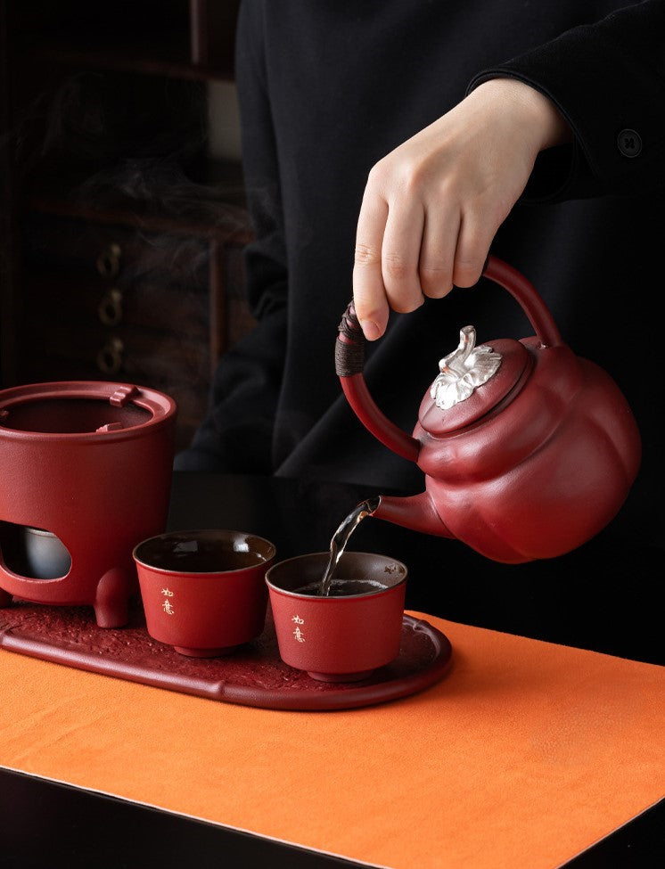 Forbidden City Red Teapot Set — Six-Piece Auspicious Tea Ceremony Gift Collection
