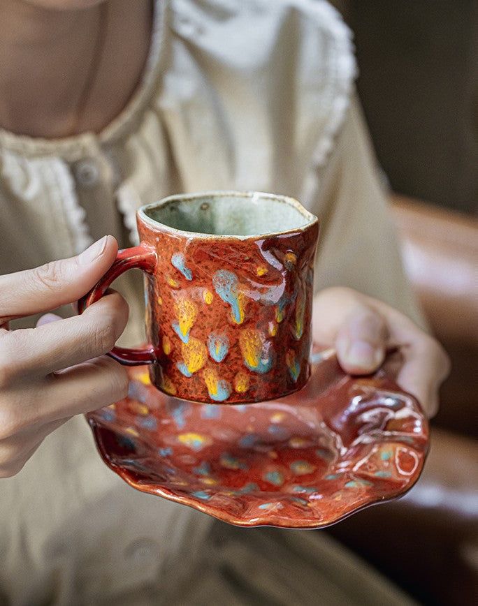Crimson Bloom – Handcrafted Rustic Ceramic Coffee Cup & Saucer Set
