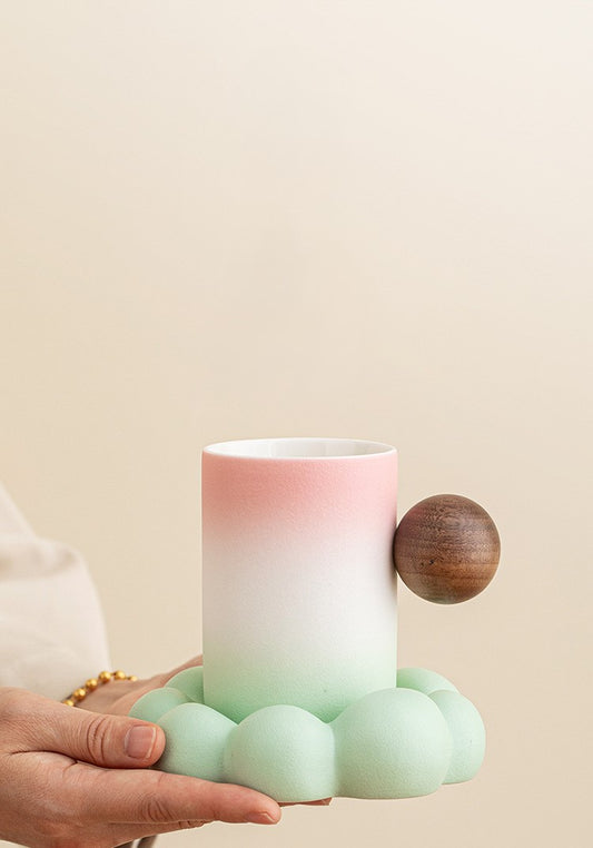 Cloud & Orb – Handcrafted Porcelain Mug with Wooden Sphere Handle & Saucer
