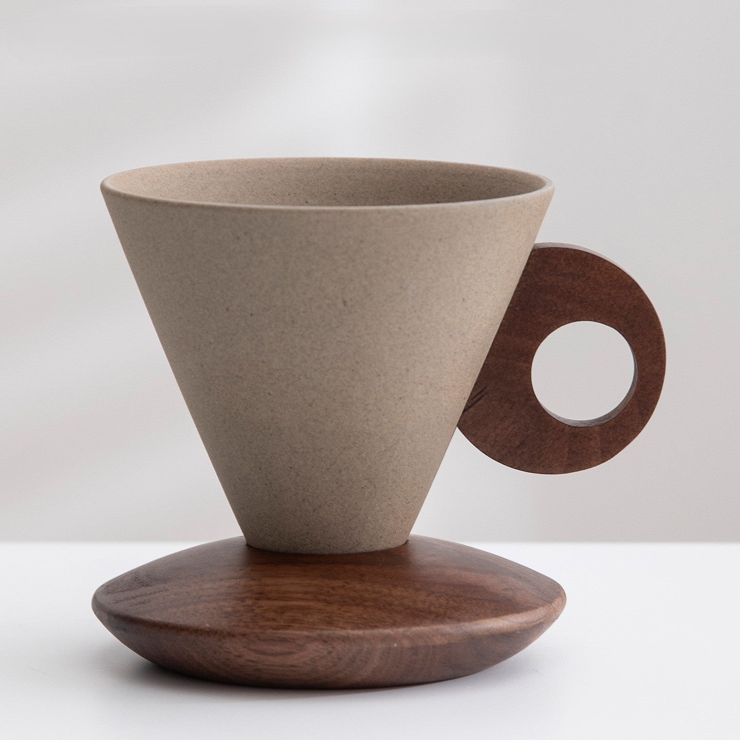 Funnel Balance – Handcrafted Rustic Ceramic Coffee Cup with Wooden Saucer
